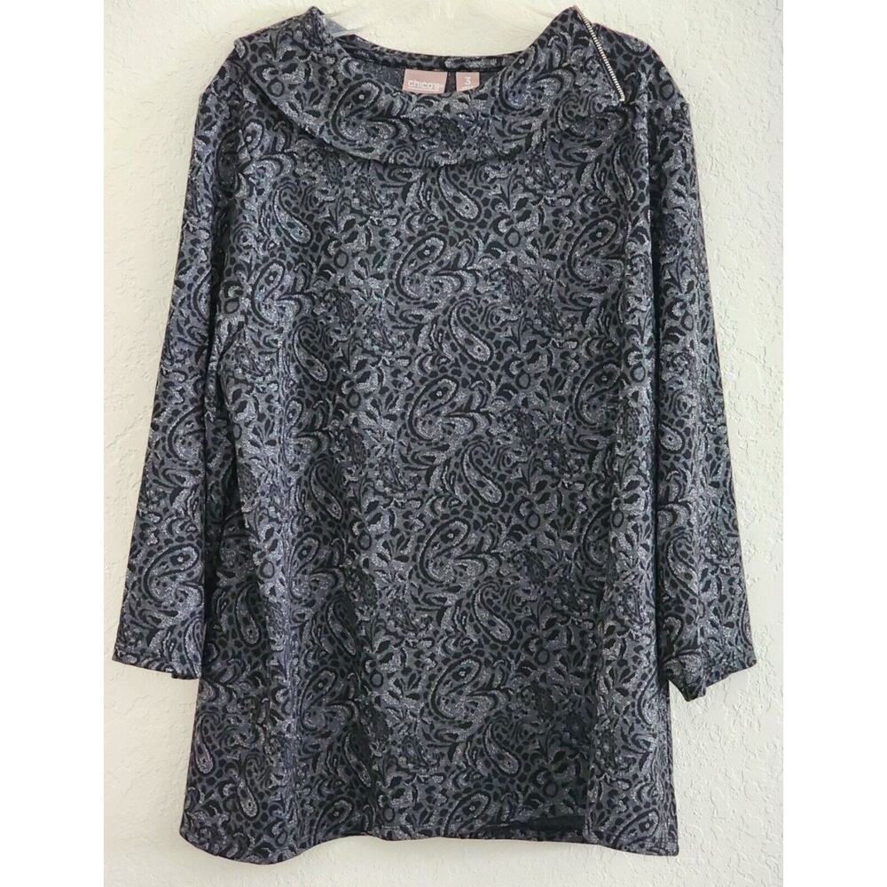 Top-Tunic Style-Chico's-Black Metallic Paisley-Long Length-Chico's Size 3 /LRG